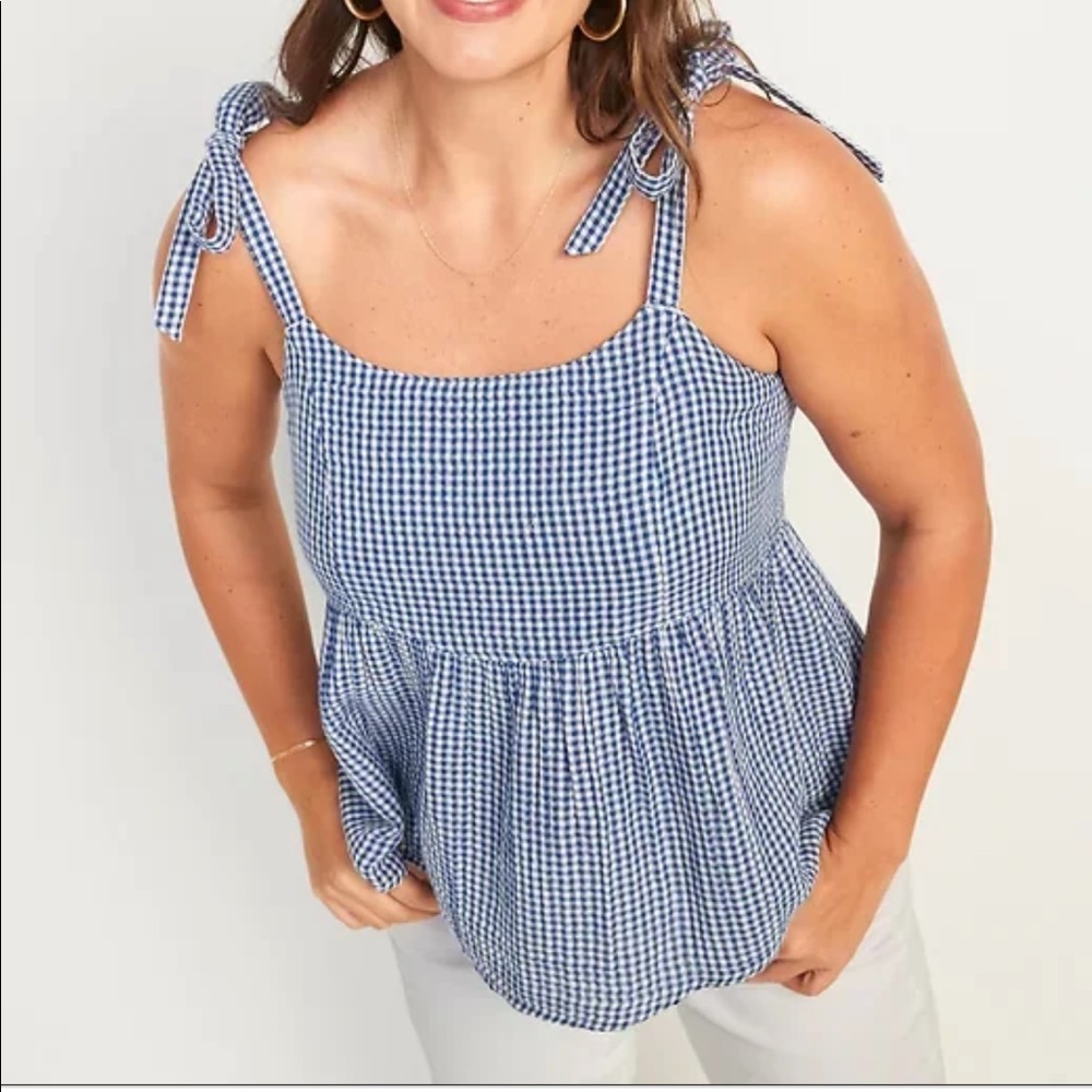 Navy and white tie shoulder gingham tank